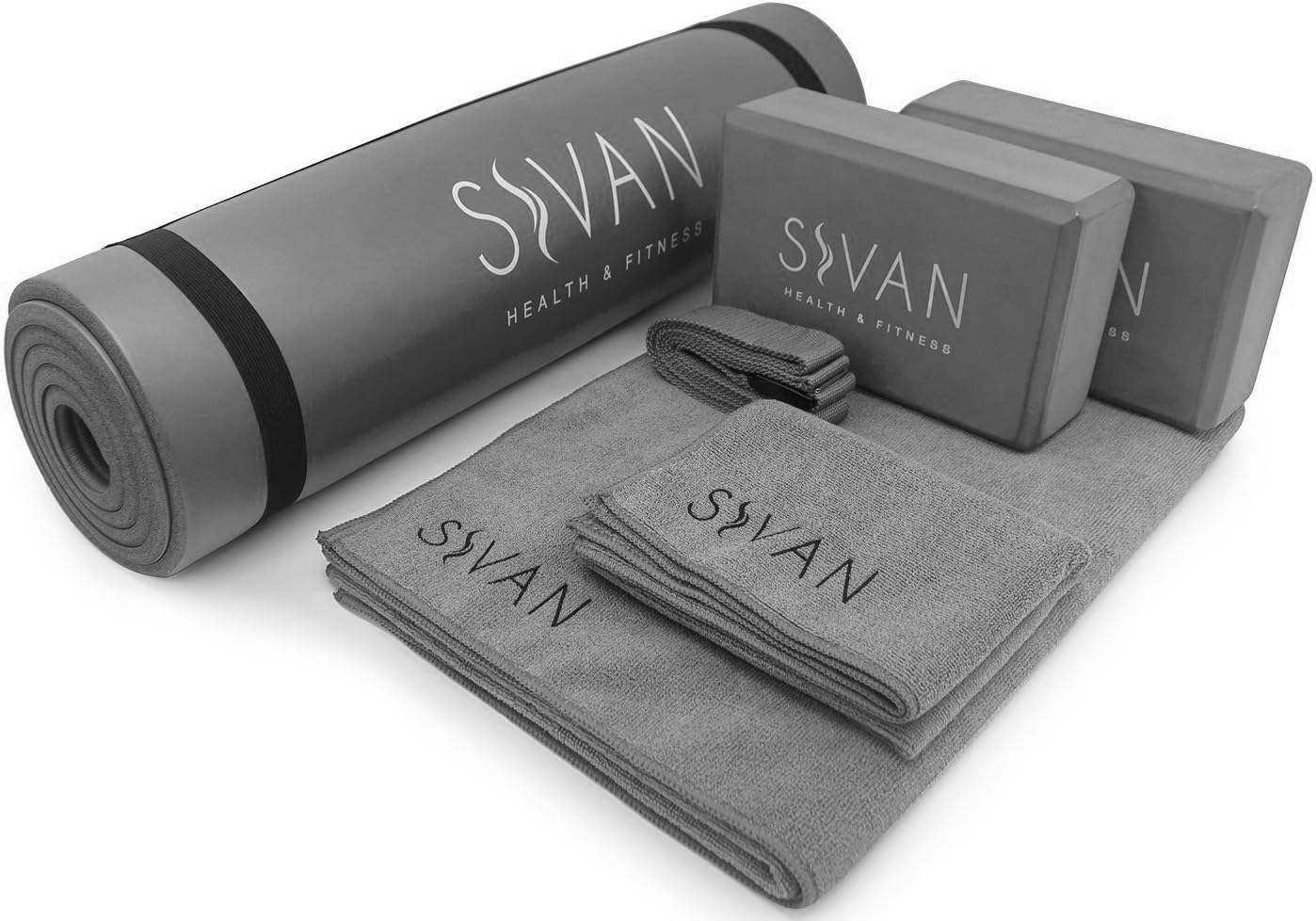 Sivan Health and Fitness Yoga Set 6-Pieceโ Includes 1/2" Ultra Thick NBR Exercise Mat, 2 Yoga Blocks, 1 Yoga Mat Towel, 1 Yoga Hand Towel and a Yoga Strap