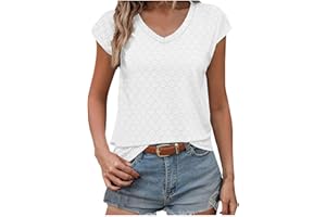 FLOLEO Eyelet Tops for Women Summer Trendy Tops Asymmetric Neck Top Classic Short Sleeve Shirts Blouse 2024 Fashion Clothes