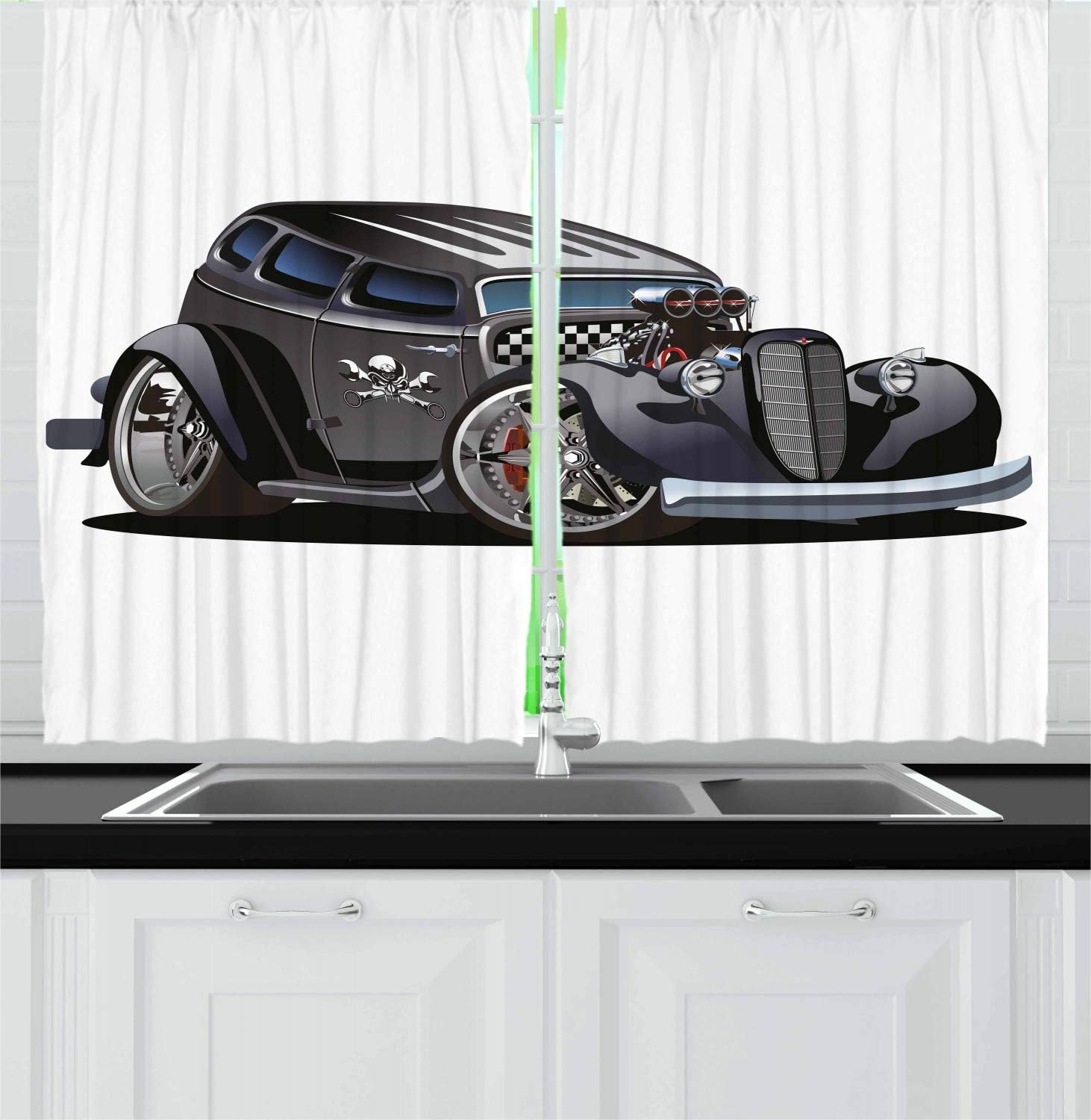 Lunarable Nursery Kitchen Curtains, Classic Hot Rod Car Fashion Skull