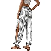 WDIRARA Women's Boho High Waist Split Knot Hem Long Pants Flowy Harem Yoga Pants
