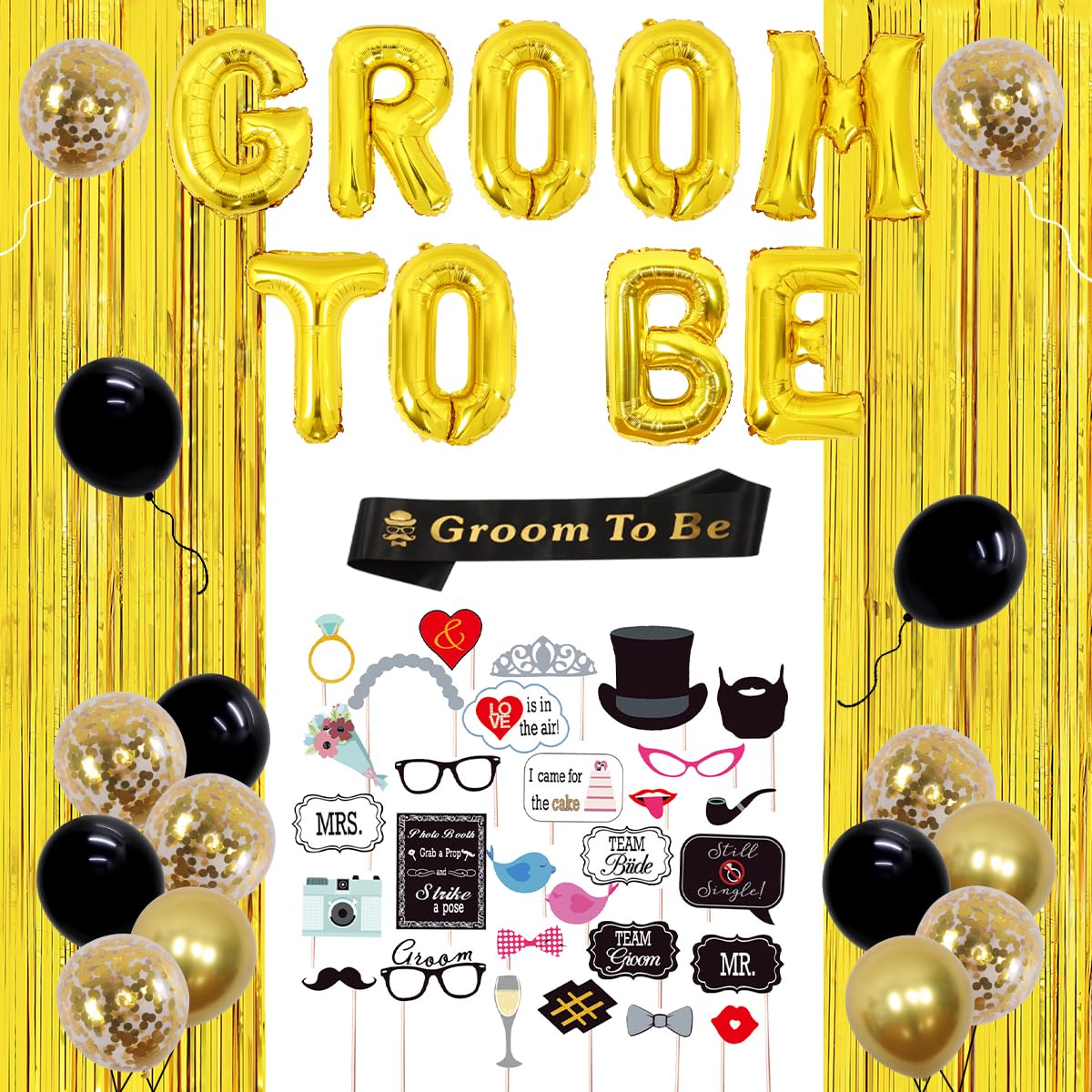 Fangleland Bachelor Party Decorations for Men, Groom To Be Sash Balloons, Black and Gold Balloon & Photo Props Decor, Men Bachelor Decor Bridegroom Shower Wedding Party Supplies