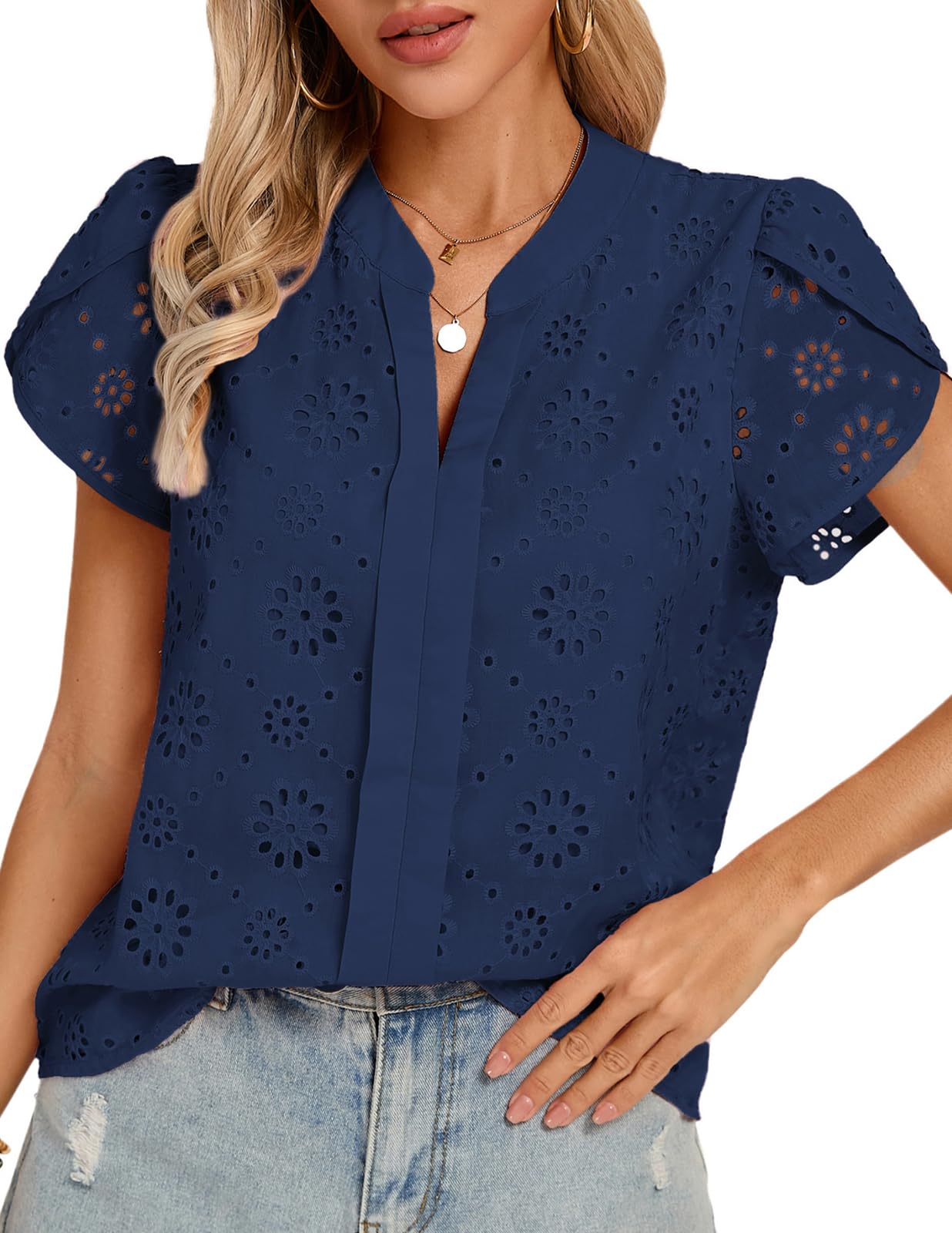 Photo 1 of Women's Summer Eyelet Tops 2026, Dressy Casual V Neck Short Sleeve Blouses, Lace Embroidered Shirts (Navy Blue, S)