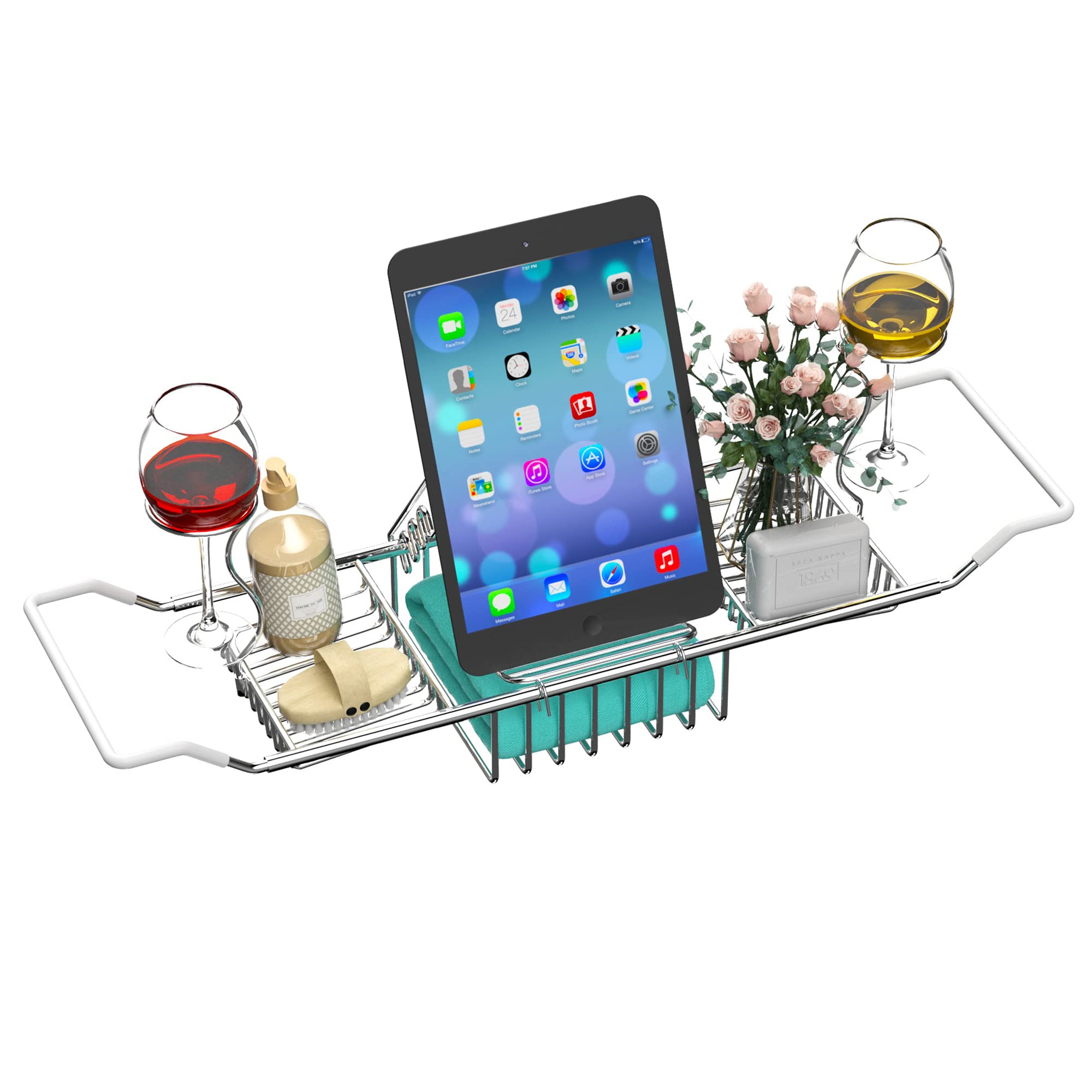 iPEGTOP Extendable Bathtub Caddy Tray - 304 Stainless Steel Over Bath Tub Racks Shower Organizer, with Removable Wine Glass Holders and Book Holder