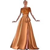 yinyyinhs Short Sleeve Sequin Prom Dresses for Women 2025 Satin A-Line Sparkly Formal Evening Party Ball Gowns with Slit