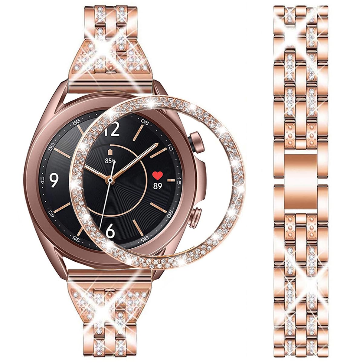 DEALELE Strap Compatible with Samsung Galaxy Watch 3 (41mm), 20mm Bling Rhinestone Dimaond Metal Steel Bracelet with Watch Face Bezel Ring Case Cover Replacement for Women Men, Rose gold