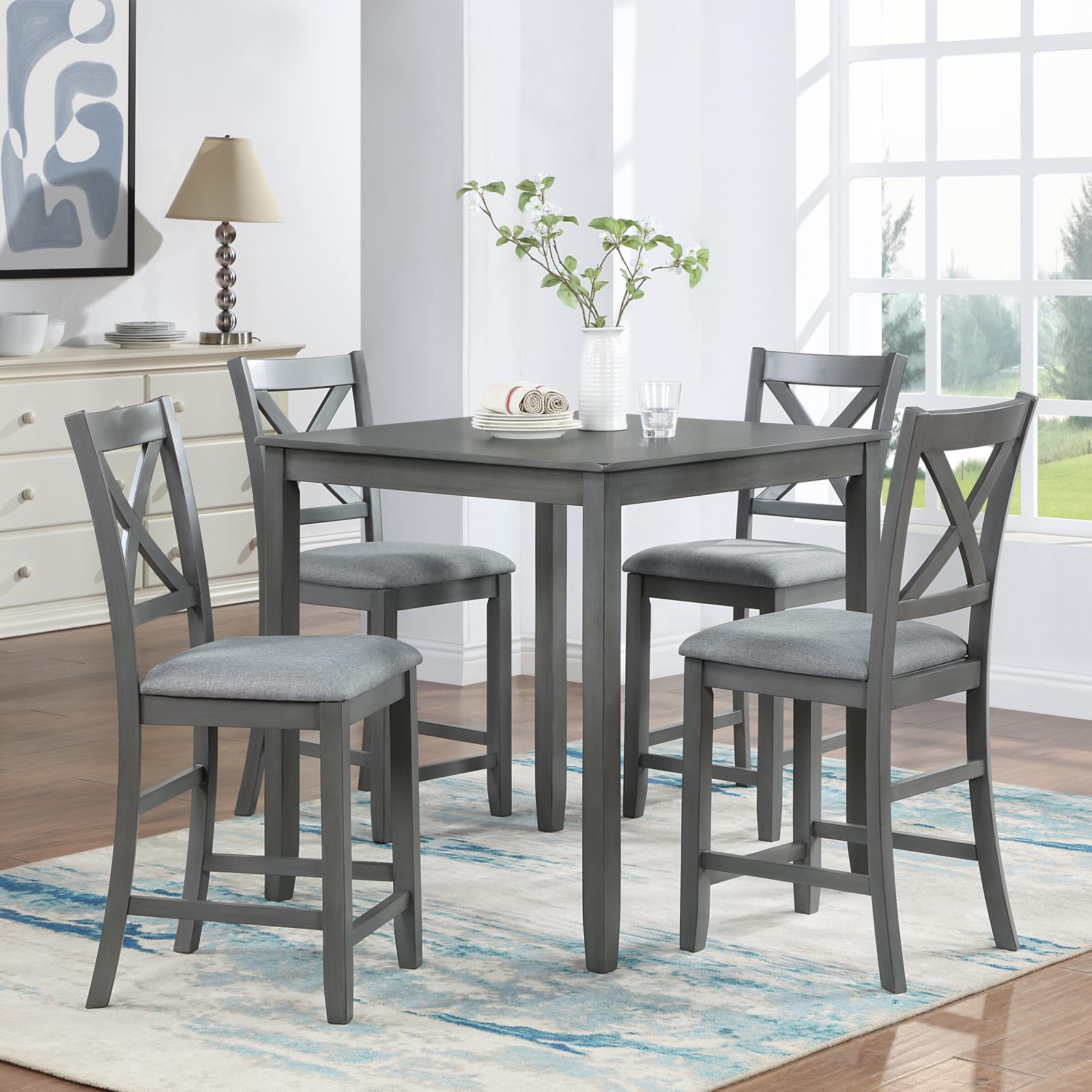 Photo 1 of KEIKI 5-Piece Counter Height Dining Table Set with Square Table and 4 Upholstered X-Shaped Backrset Chair, for 4 Person, Modern Style Wooden Table Set, Easy Assembly, for Kitchen, Dining Room, Gray
