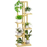 ROMGUAR CRAFT 6 Tier Bamboo Plant Stand Indoor, Tall Flower Holder, Natural | Wood Corner Tiered Plant Shelf for Multiple Plants