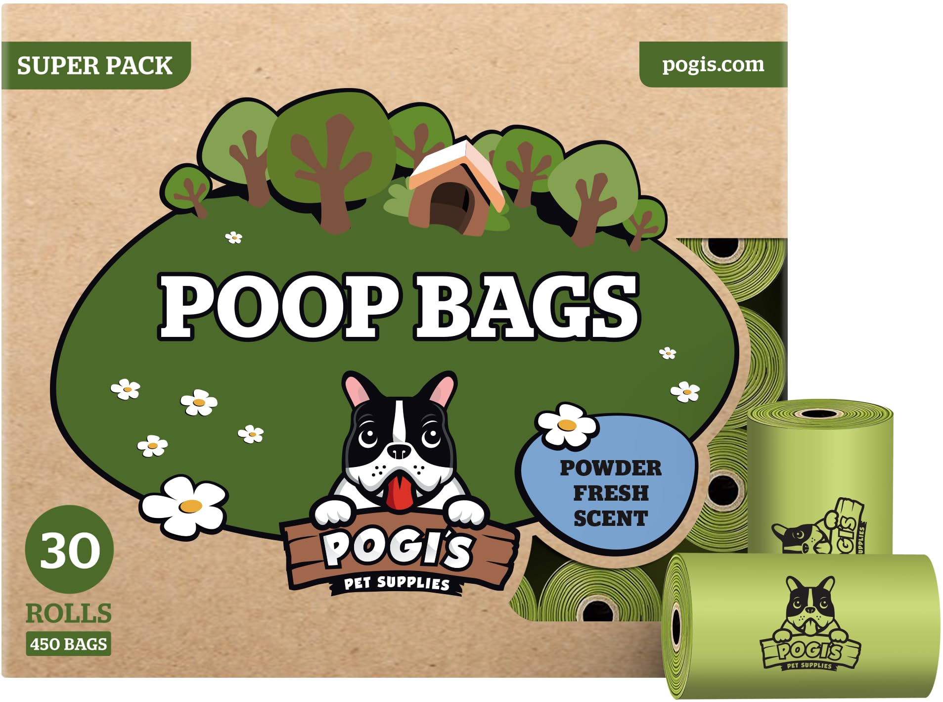Pogi’s Dog Poo Bags – Biodegradable, Ultra Thick, Leak-Proof, Powder Fresh Scent, 450 Bags (30 Rolls)