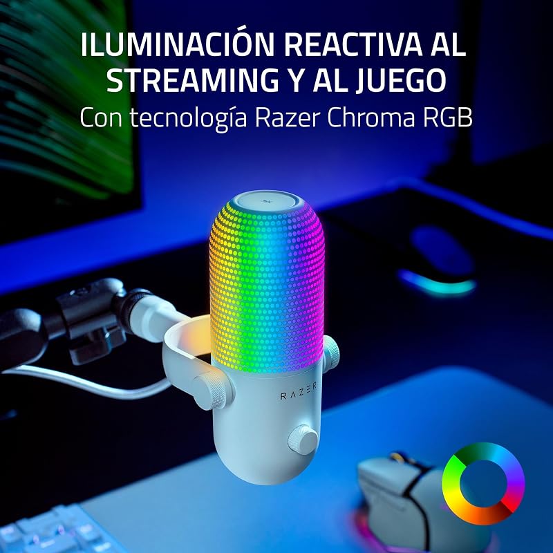 Razer seiren v3 chroma - microfone rgb usb - microfone condensador supercardióide com tap-to-mute (iluminação reativa, limitador de ganho digital e amortecedor integrado) branco
