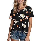 Halloween Shirts for Women: Castle Pumpkin Pattern Halloween Party Short Sleeve Costumes Crewneck T-Shirt