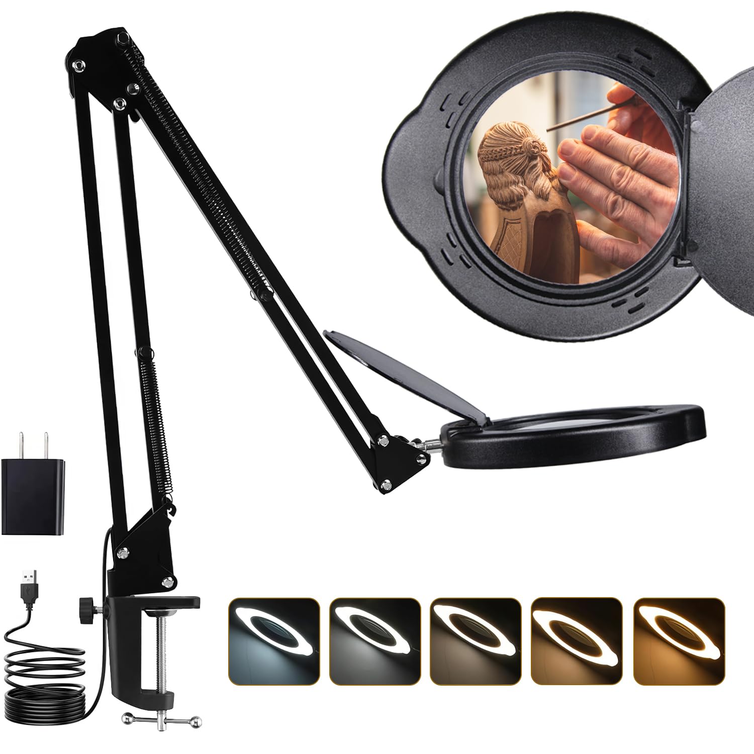 Photo 1 of 15X Magnifying Glass Desk Lamp with Clamp, Real Glass Lens with Dust Cover, 84 LEDs, 5 Color Modes, 10 Brightness Dimmable, Long Flexible Swing Arm Magnifier for Reading, Crafting, Repair, Close Works