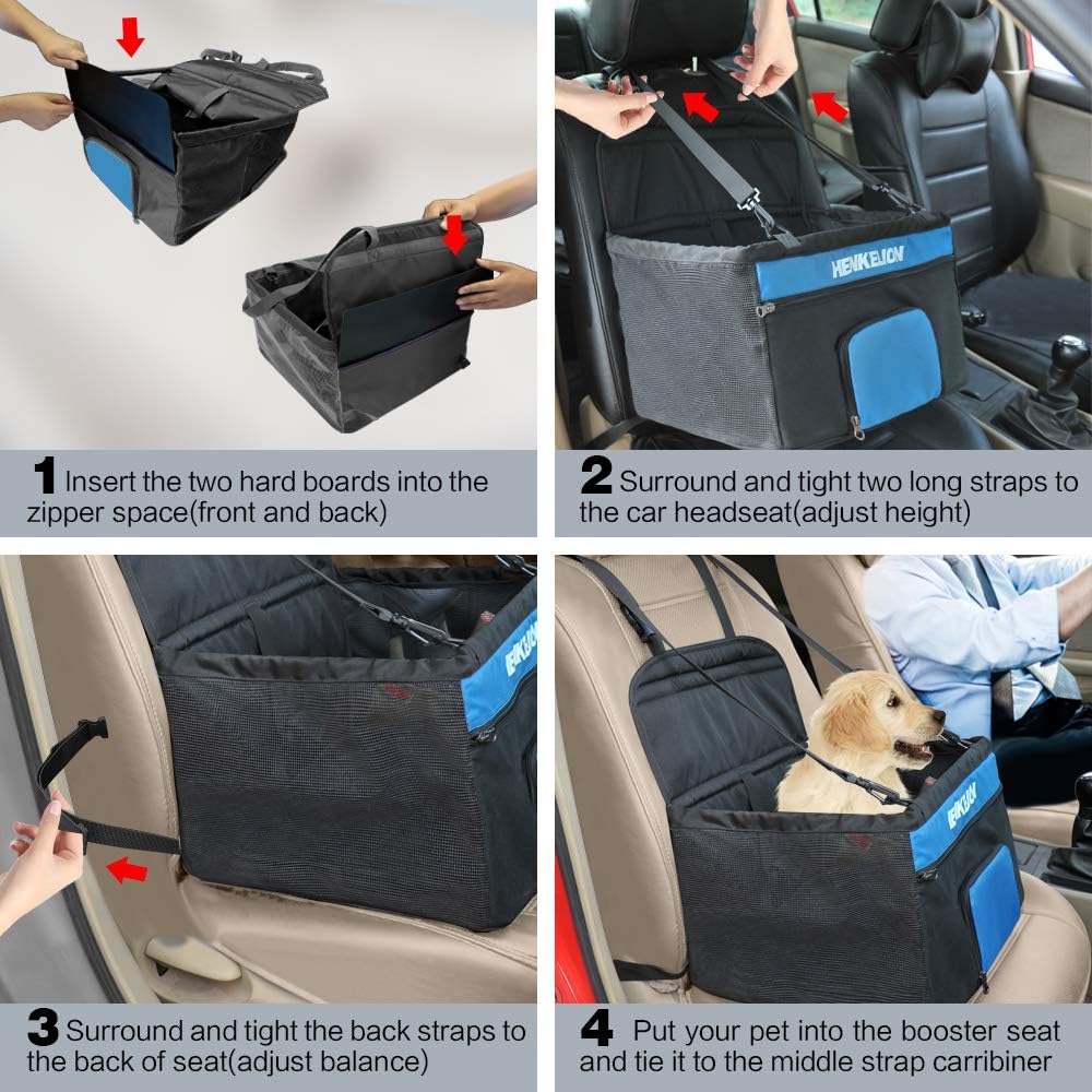 Henkelion Pet Dog Booster Seat, Deluxe Pet Booster Car Seat for Small Dogs Medium Dogs, Reinforce Metal Frame Construction, Portable Waterproof Collapsible Dog Car Carrier with Seat Belt - Black : Pet Supplies