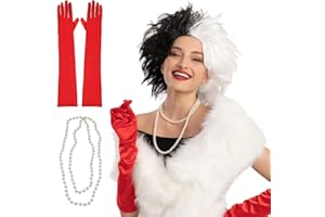 Spooktacular Creations Women Cruel Lady Costume Wig Set, Halloween Costume Accessories, Black and White Wig, Cosplay Party Accessories with Gloves, Holder, Necklace and Short Bob Wavy Wig
