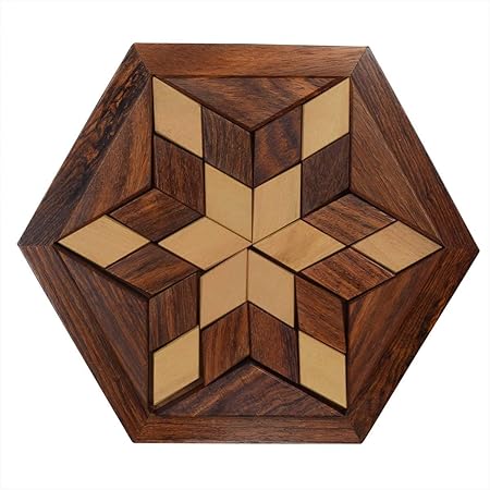 Handmade Hexagonal Wood Tangram Puzzle Game / Star Jigsaw / Puzzle Board Set with 30 Pieces Great Gift for Kids (6-inch by 6-inch) - Brain Teaser