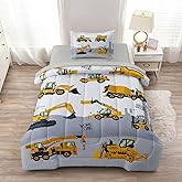 Leaflin 4-Pcs Construction Twin Size Boys Bedding Set, Kids Comforter Set for Teens with Sheets and Pillowcase, Soft Grey Tractor Cars Bed in a Bag Sets