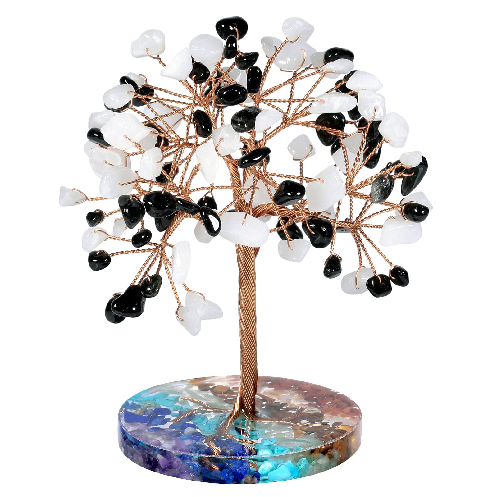 Nupuyai Obsidian & White Chalcedony Crystal Money Tree with 7 Chakra Base, Energy Healing Good Luck Tree Figurines Fengshui Crystals Ornament for Home Office Decor