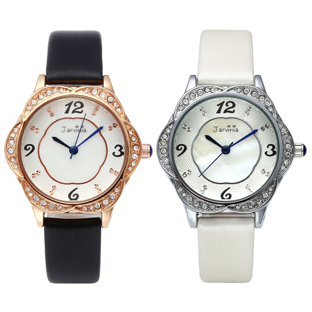 JSDDE Uhren,Elegant Frau Armbanduhr Strass Blume-Form Damenuhr mit Muschel Echtleder Armband Analog Qaurzuhr,Weiss