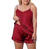 XAKALAKA Plus Size Satin Pajamas Set for Women V Neck Pjs Cami Top and Shorts Ruffle Silk Lingerie Nightwear