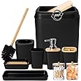XLHOMO Bathroom Set Black Bathroom Trash Can, 9 Piece Bathroom Decor Toothbrush Holder, Cup, Lotion Dispenser, Tray, Soap Dish, Toilet Brush, Qtip Holder