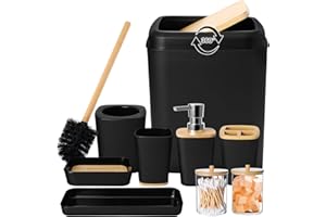 XLHOMO Bathroom Set Black Bathroom Trash Can, 9 Piece Bathroom Decor Toothbrush Holder, Cup, Lotion Dispenser, Tray, Soap Dish, Toilet Brush, Qtip Holder