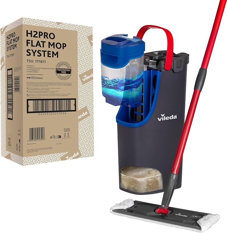 H2PrO Flat Mop sistema lavapavimenti a piastra piatta, con secchio lavapavimenti a doppia serbatoio, separa acqua pulita e sporca, 1,2 L per 60 m², compatto e salvaspazio, uso con una mano
