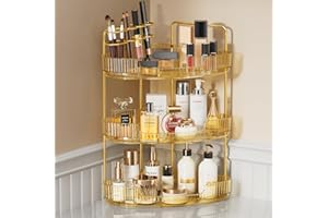 EUHOME 3-Tier Corner Bathroom Counter Organizer Makeup Cosmetic Storage, Tool-Free Installation Acrylic Vanity Shelf, Countertop Storage Organizers Perfume Tray for Bathroom, Dresser, Kitchen (Gold)