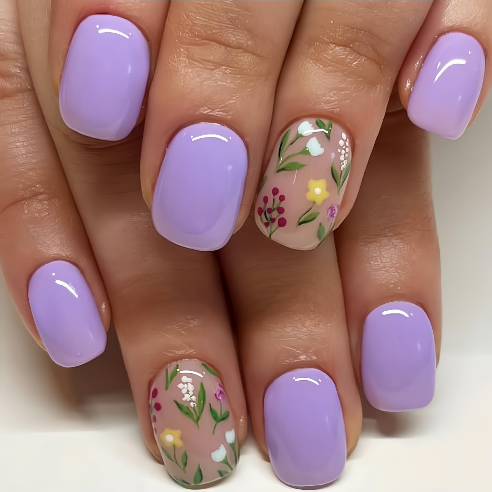 Photo 1 of 24 Pcs Short Press on Nails Square Fake Nails Full Cover False Nails with Purple Flower Designs Glossy False Nails with Nail Glue Nail Accessories Artificial Acrylic Nails for Women Girls