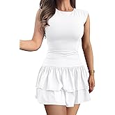 GOKATOSAU Women's Summer Round Neck Cap Sleeve Bodycon Tiered Ruffle Hem Mini Dress