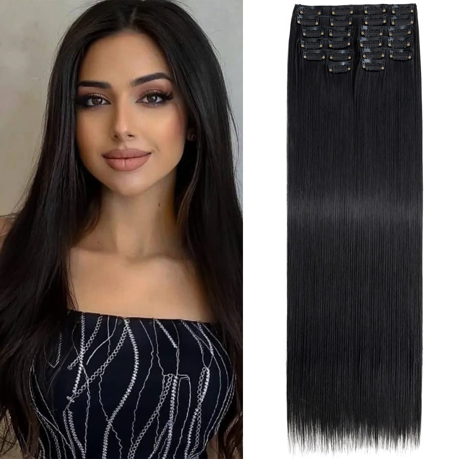 S-Noilite 22 Inches Long Straight Hair Extensions Clip in Full Head 12PCS Hair Extensions Clip on Synthetic Fiber Hairpieces for Women - Natural Black — image 1