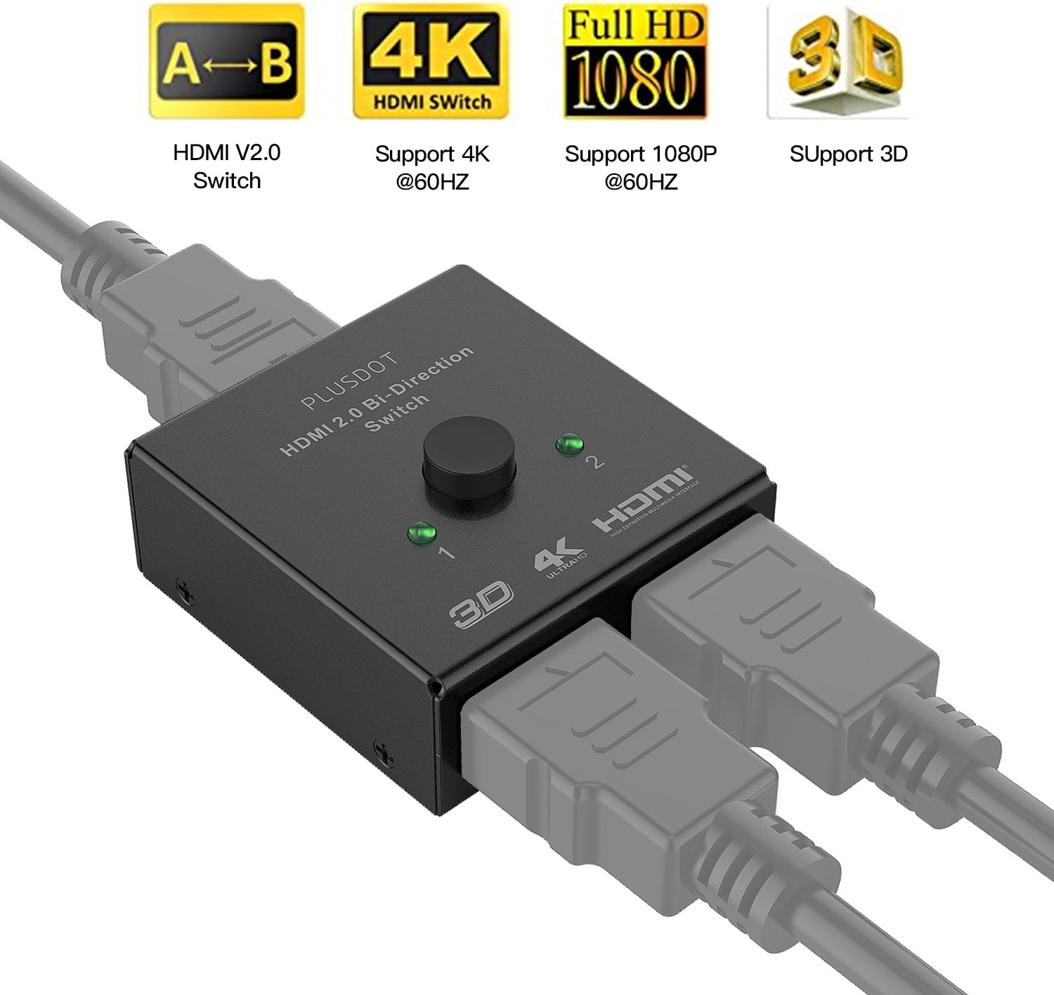 PlusDot HDMI Switch HDMI Selector Switcher HDMI Splitter Switch 2.0 Bi-directional Hub-HDCP pass through UHD 4K & 3D supports XBox 360 XBox One PS3 PS4 HDTV Blu-Ray DVD