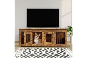 Erinnyees 64'' Dog Crate Furniture, Large Wooden Dog Kennel with Double Doors, Decorative Pet House Dog Cage Side Table, Heavy Duty Indoor Dog Cabinet for Two Medium or One Large Dog, Brown