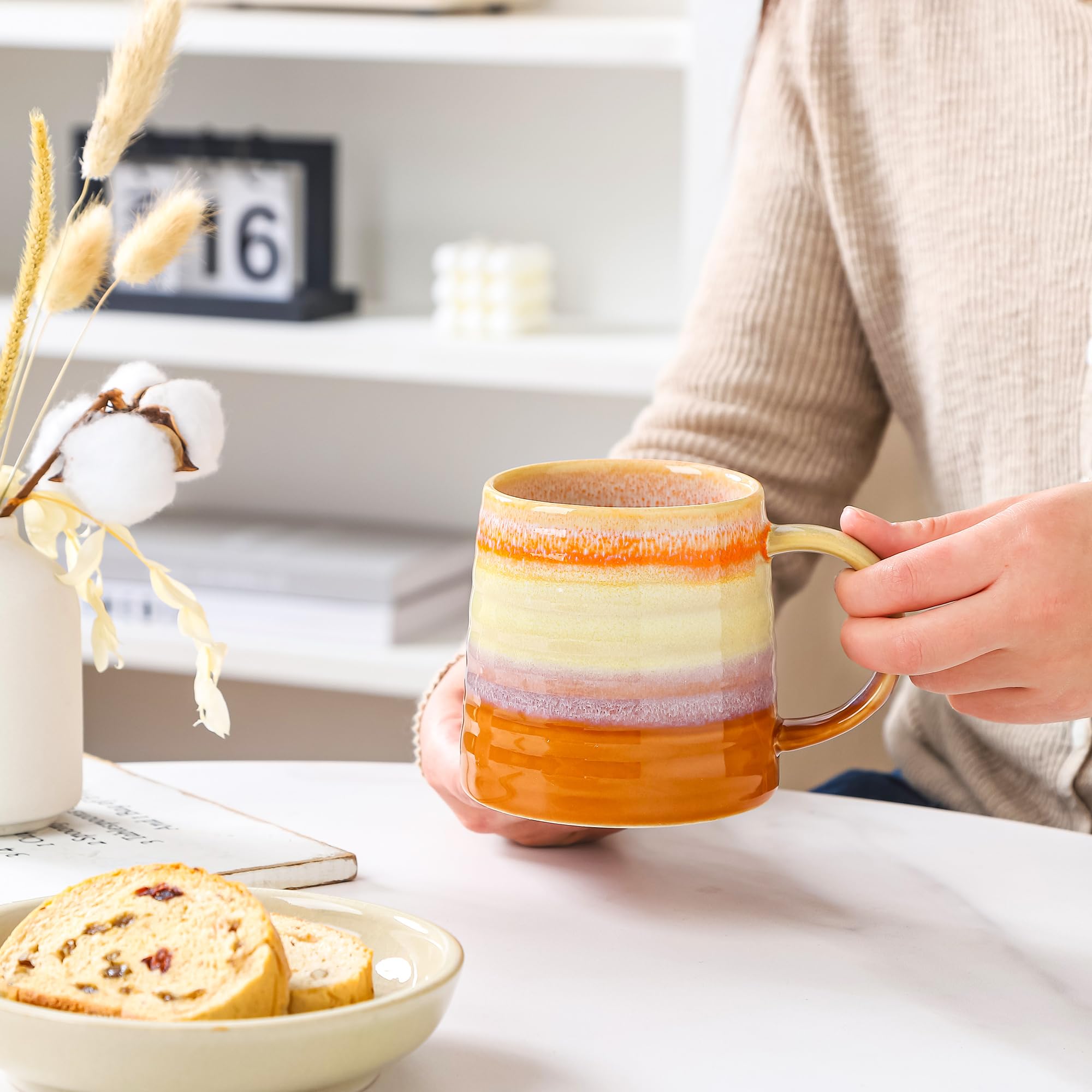 Large Ceramic Coffee Mug, Handmade Pottery Mugs, Tea Cups with Big Handle for Office and Home, 15.5 oz, Dishwasher and Microwave Safe (Orange)