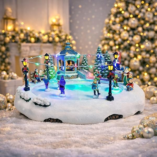 MOMENTS IN TIME ANIMATED SKATING POND 7.28”H LED CHRISTMAS VILLAGE DISPLAY WITH MOVING SKATERS, LIGHTS & MUSIC, ADAPTER OR BATTERY OPERATED, HANDCRAFTED POLYRESIN DECOR