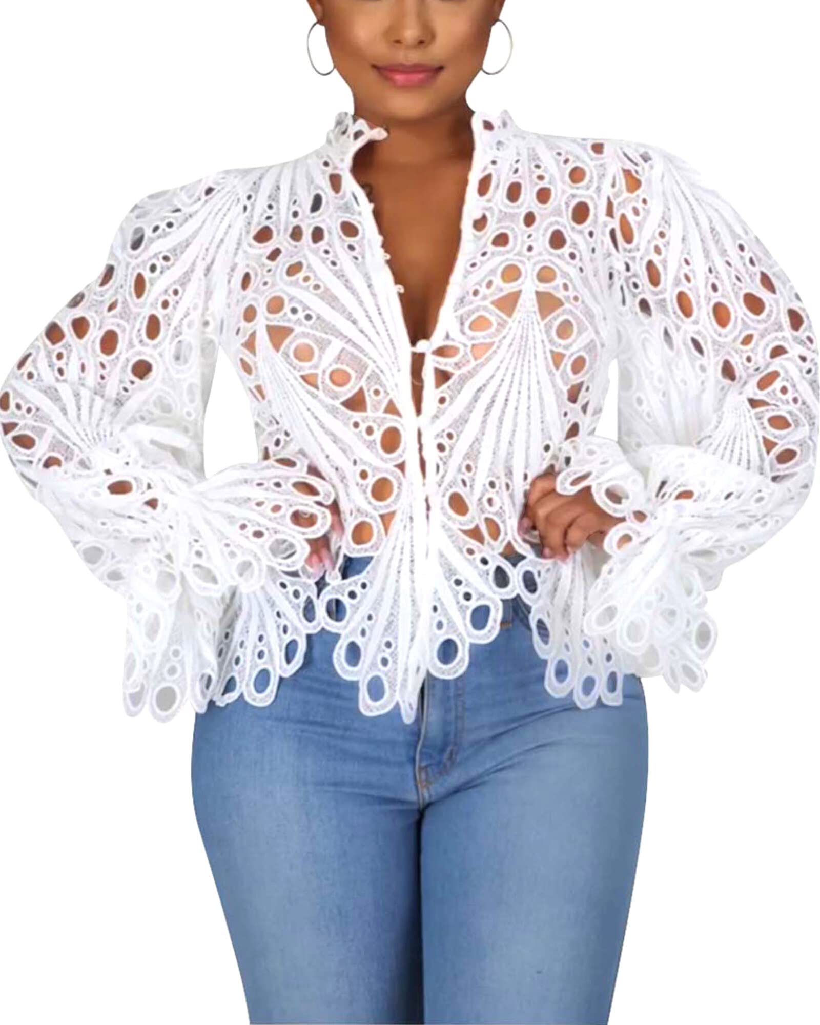 Photo 1 of Women’s Sexy Ruffle Long Sleeve Summer Lace Tops 2025 Puff Flare Shirt V Neck Hollow Out Button Down Going Out Blouses White M