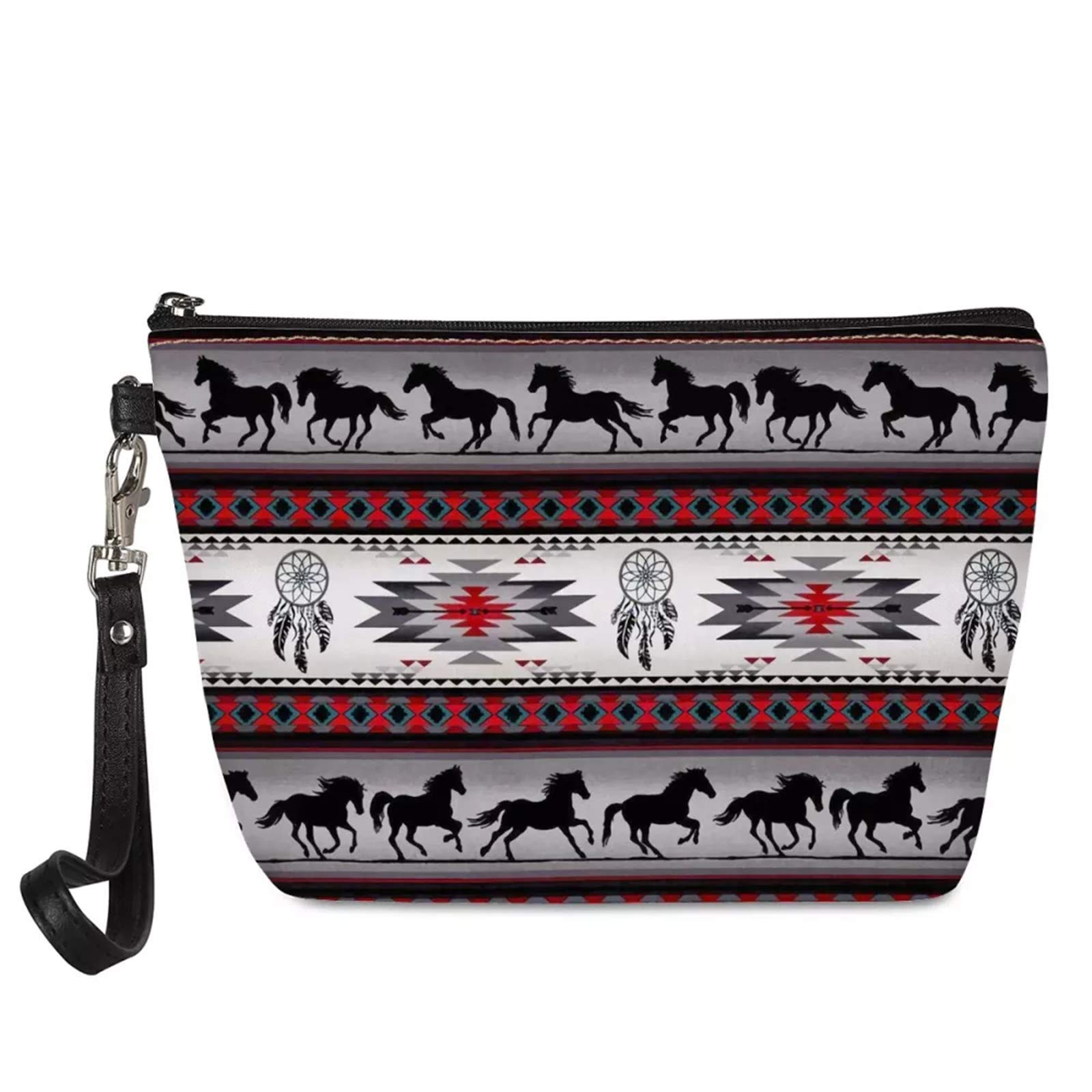 SEANATIVE Southwestern Native Aztec Cosmetic Bag for Women Dream Catchers Horses Pattern Leather Zipper Travel Toiletry Bag Accessories