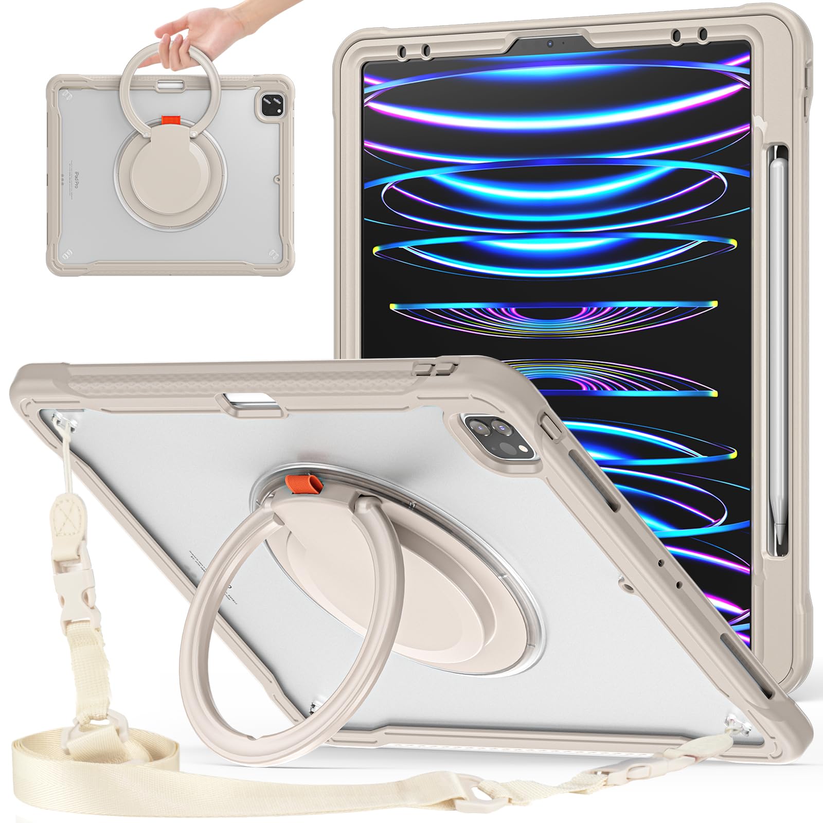 PboyiqiS for iPad Air 13 2026(M4)/2025(M3)/2024(M2)/Pro 12.9 Clear Case,360 Rotating Stand, Shoulder Strap, Built-in Stylus Holder, Full Body Shockproof Sturdy Cover (Khaki)