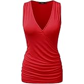 DOUBLJU Tank Tops For Women Cami Deep V Neck Sleeveless Satin Ruched Hem Tops Casual Basic Wrap T Shirts with Plus Size