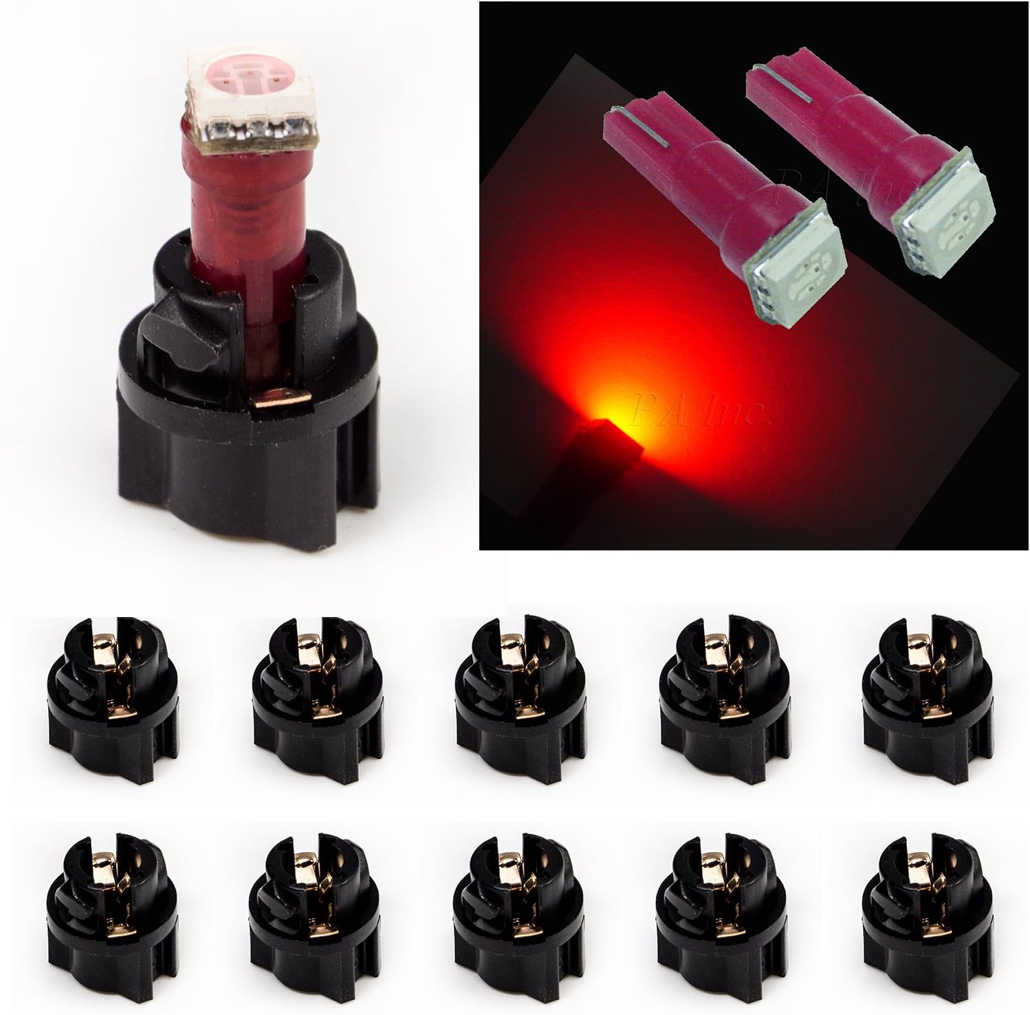 PA 10x T5 73 74 Instrument Panel Dash Light Bulb LED + Twist Lock Socket(Red)