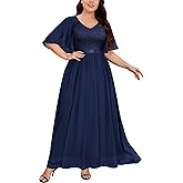 Knitee Women's Plus Size Half Sleeves Cape Dress Lace Chiffon V Neck Evening Party Maxi Dress