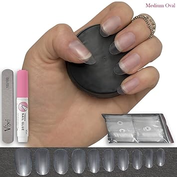 600 transparente, ovale Kunstnägel in 10 Größen - kurz/mittel, geeignet für Salon und DIY-Nail-Art - inklusive Kleber und kle