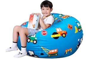 Lukeight Stuffed Animal Storage Bean Bag Chair Cover for Kids, Construction Zipper Beanbag Chair Cover for Organizing Toddler and Kids' Rooms Plush Toys (Construction Velvet, Large)