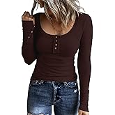 KINLONSAIR Women’s Long Sleeve Henley T Shirts Button Down Slim Fit Tops Scoop Neck Ribbed Knit Shirts