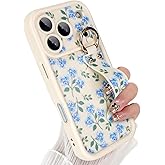 Jefonha Compatible with iPhone 17 Pro Max Case with Finger Hand Strap for Girls Women, Cute Flowers Floral Phone Case with Grip Holder Kickstand, Durable Silicone Protective Cover, Blue Flower