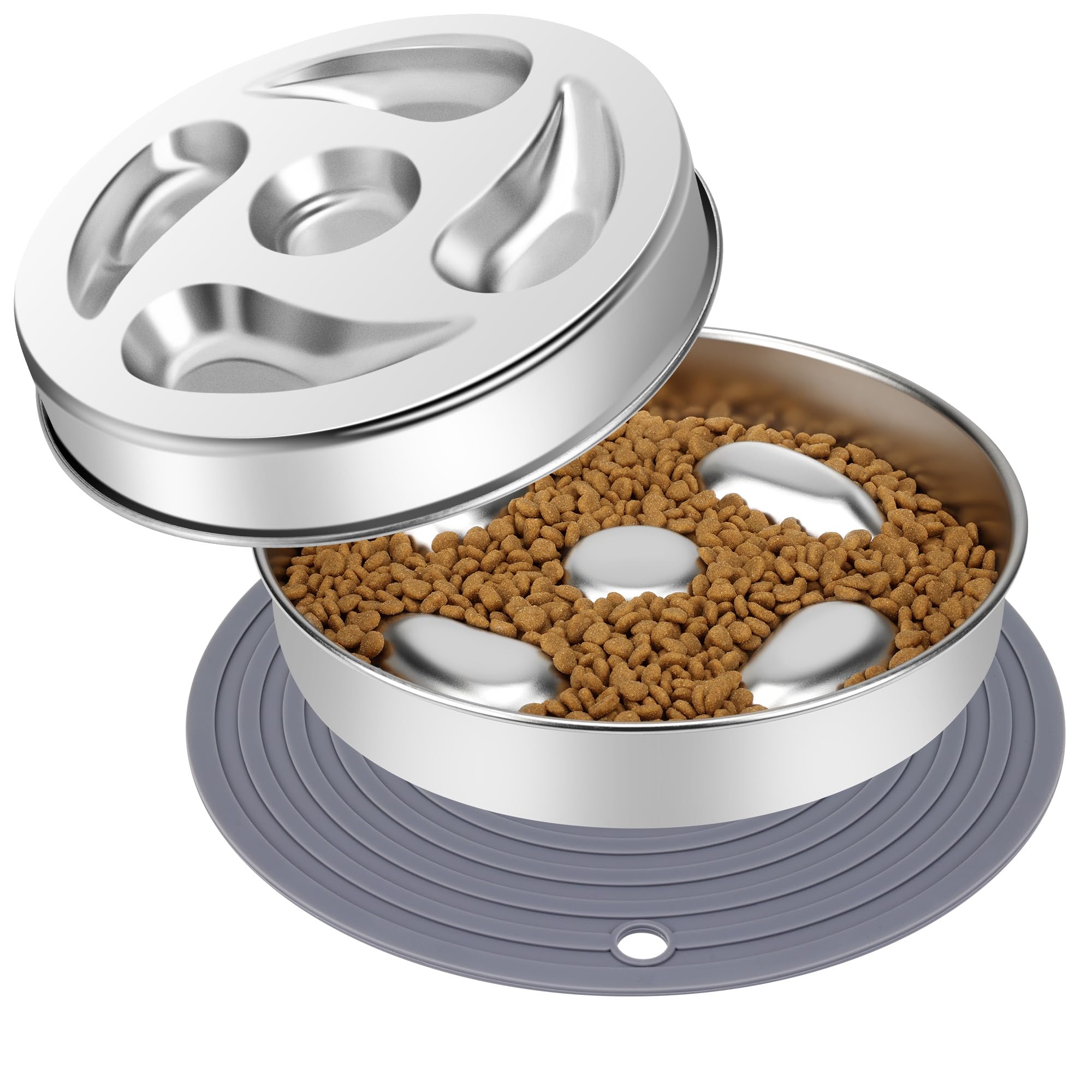 Slow Feeder Dog Bowl, ACEONE Stainless Steel Slow Feed with Non-Slip Silicone Mat, Metal Slow Feeding Pet Bowl for Medium Large Breeds(Bowl with Non-Slip Silicone Mat)
