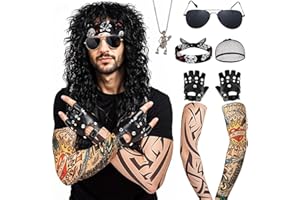 80s Rocker Costume Set Mullet Metal Disco Rock Costume for Men Vintage Hippie Rock & Roll Slash Wig Punk Accessories