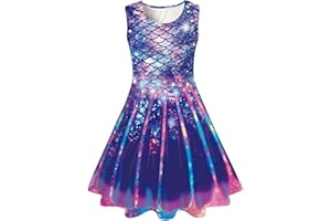 Funnycokid Girls Mermaid Dress Kids Summer Sleeveless Dresses Birthday Sundress Swing Outfit 4-13 Years