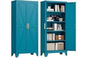 Washsemba 71'' Farmhouse Metal Storage Cabinet with Barn Doors,Steel File Cabinet for Home Office,Kitchen Pantry 4 Adjustable Shelves,Freestanding Cupboard for Kitchen,Home Office (Peacock Blue)