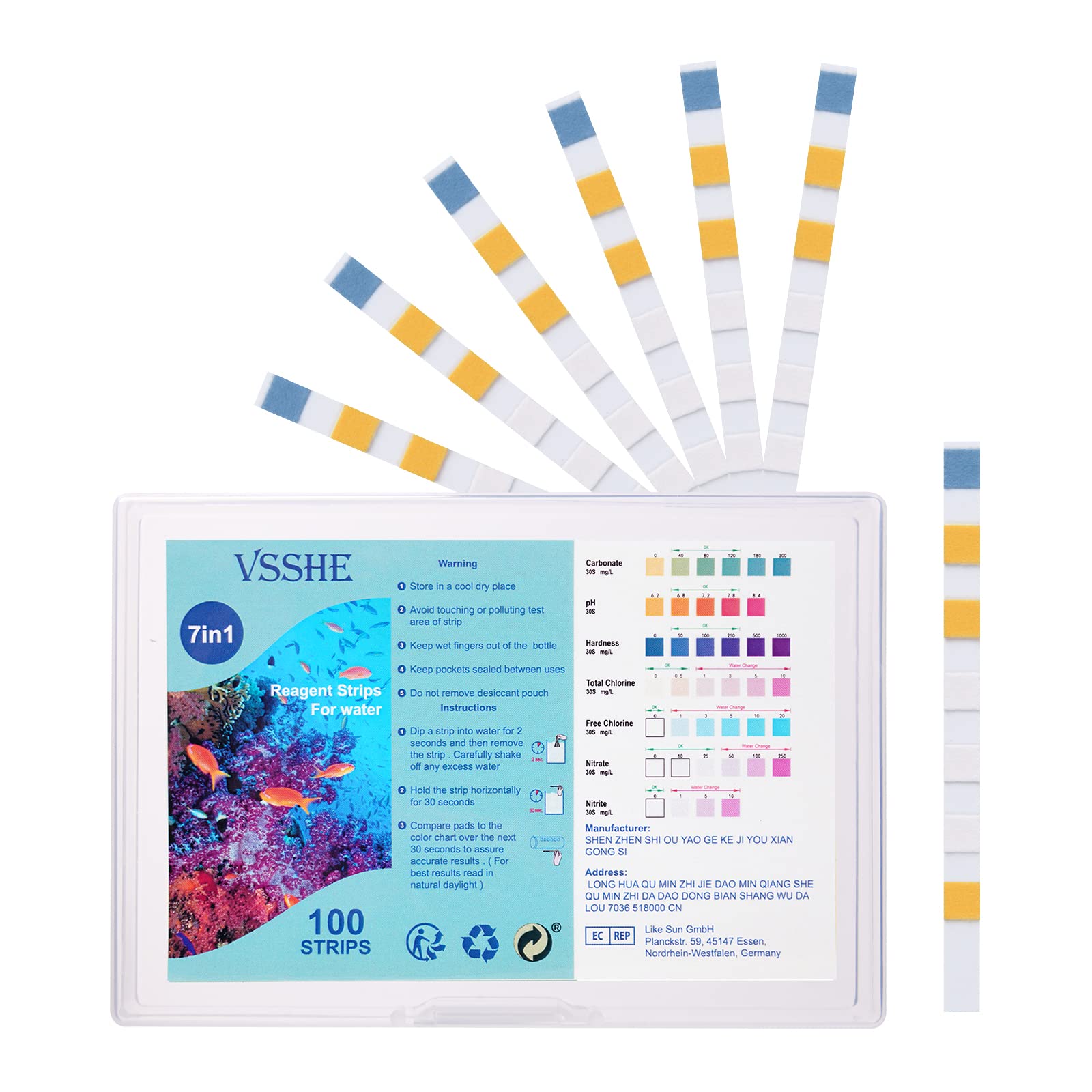 vsshe Aquarium Test Strips, 7 in 1 Fish Tank Test Kit, Freshwater Saltwater Aquarium Water Test Kit to Detect pH Nitrite Nitrate Chlorine Carbonate Hardness, Testable in 60 seconds (GH & KH) (100 Pcs)