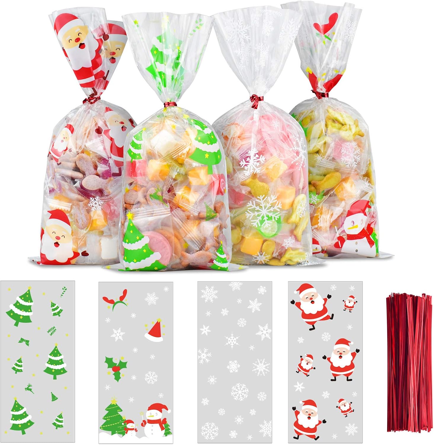 ERKOON 200 PCS Christmas Cellophane Candy Gift Bags Cookie Treat Bags Clear sweet Bags with 250 PCS Twist Ties for Party Festival Favor 4 Styles(Christmas tree