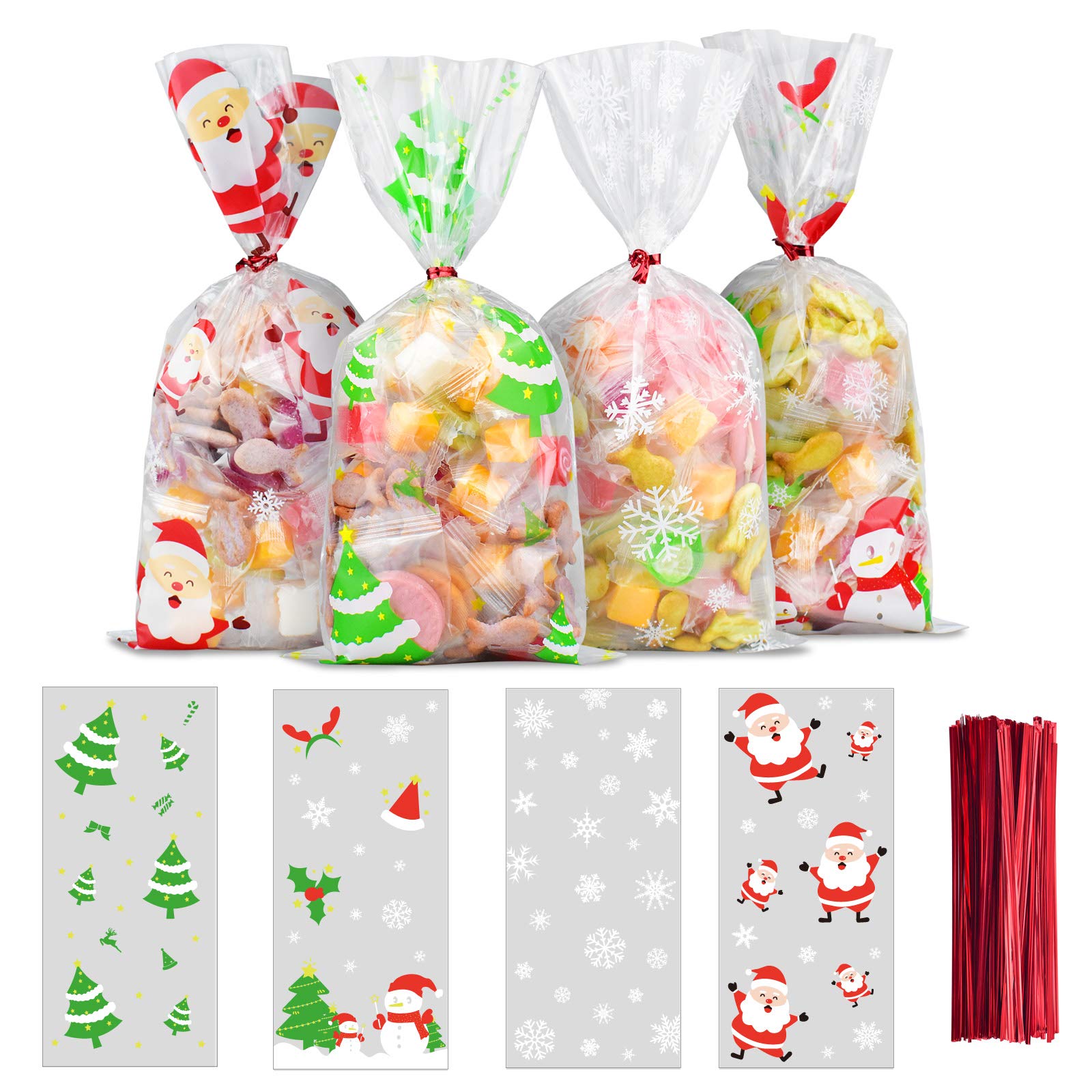 ERKOON 200 PCS Christmas Cellophane Candy Gift Bags Cookie Treat Bags Clear sweet Bags with 250 PCS Twist Ties for Christmas Party Festival Favor, 4 Styles(Christmas tree, Santa, snowflakes, snowman)